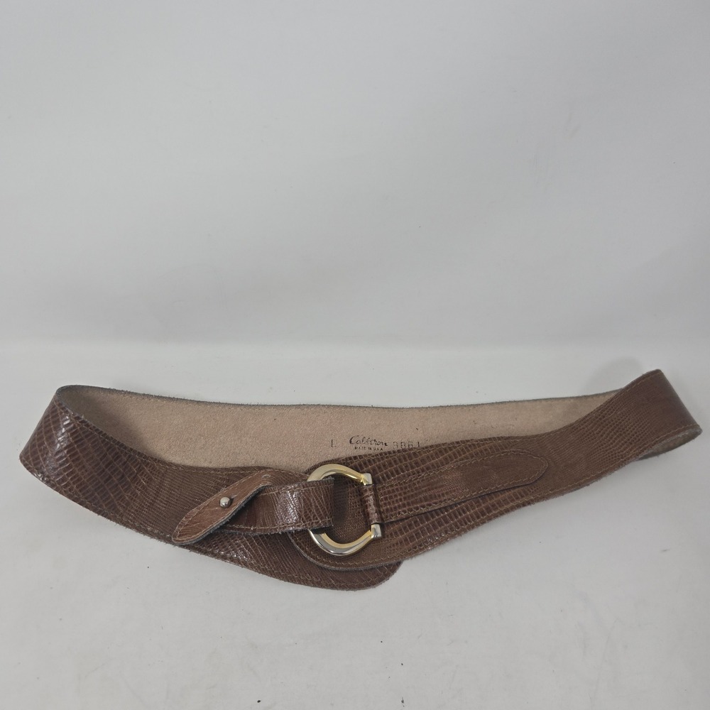 Calderon Vintage‎ Brown Lizard Embossed Leather Wide Waist Belt Gold Buckle L